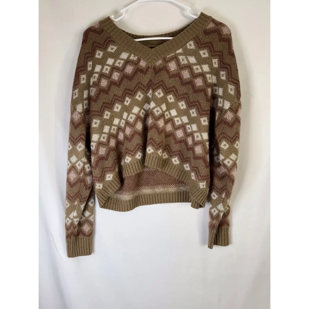 No Comment Boho Geometric Knit Sweater Size‎ Large UEC Brown Pink V-Neck